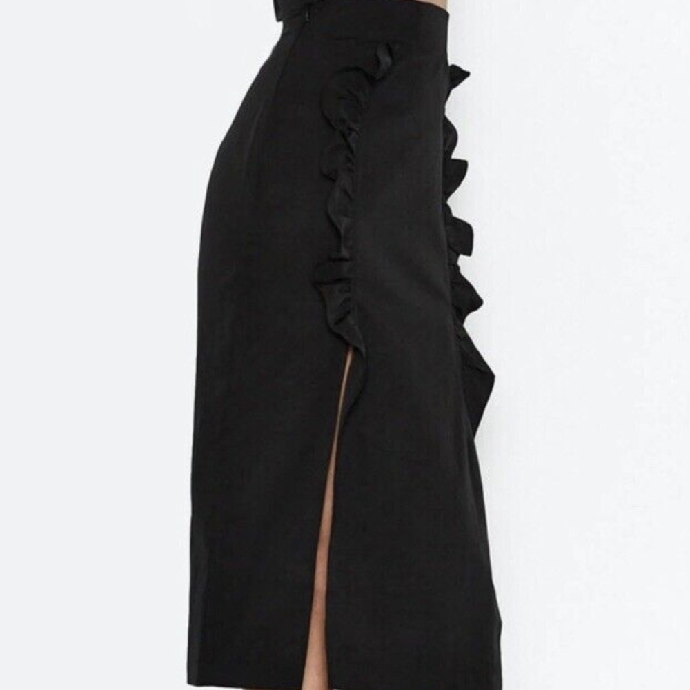 Alice McCall Mrs Robinson Pencil Ruffle Black Midi Skirt Sz0 Minimalist Luxury